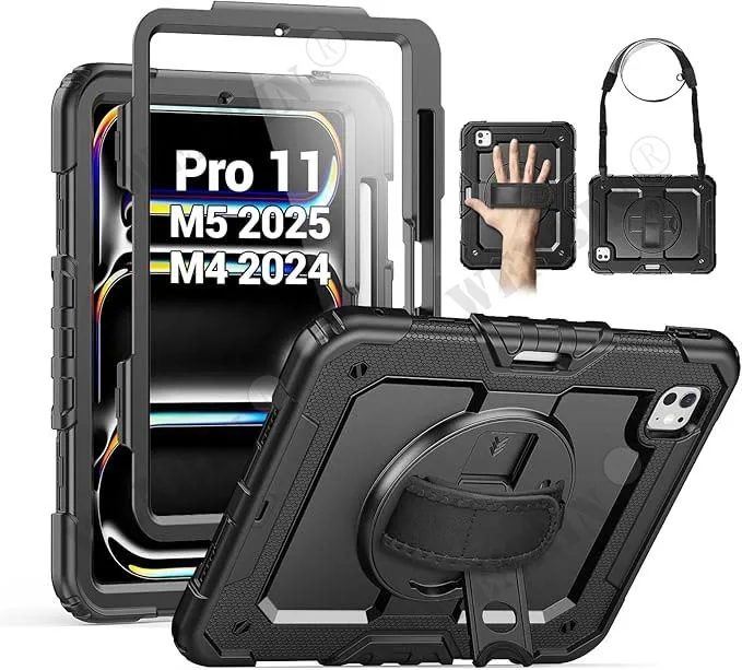Фото Чехол для iPad Pro 11 M4 M5 2024 2025, прочный, с вращающейся ударопрочной подставкой, ремешком для руки и плечевым ремнем, черный чехол. №1
