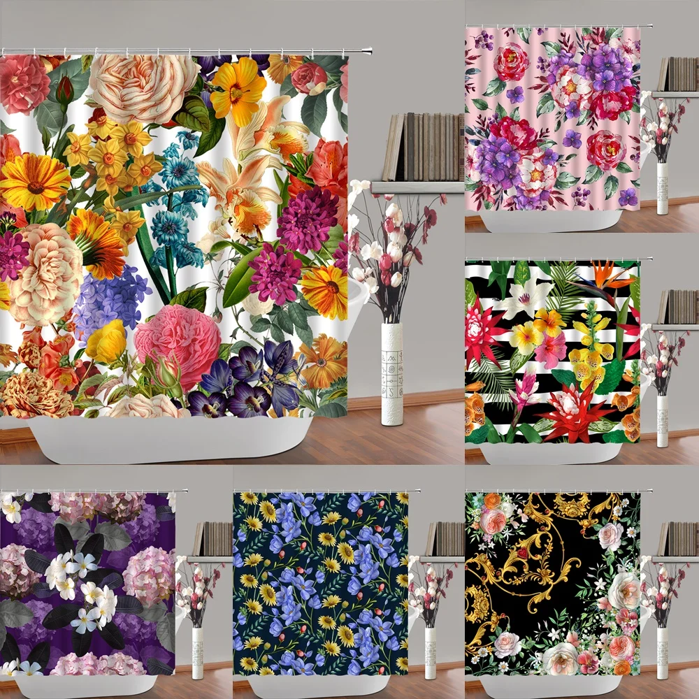 

Colorful Daisy Rose Flowers Tulip Shower Curtain Bathroom Curtains Nature Floral Leaves Waterproof Polyeste Fabric Bathtub Decor
