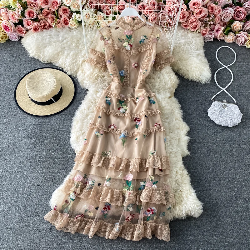

2022 летнее французское Ретро Элегантное Длинное платье с коротким рукавом перспективное Сетчатое кружевное нарядное платье с цветочной вышивкой