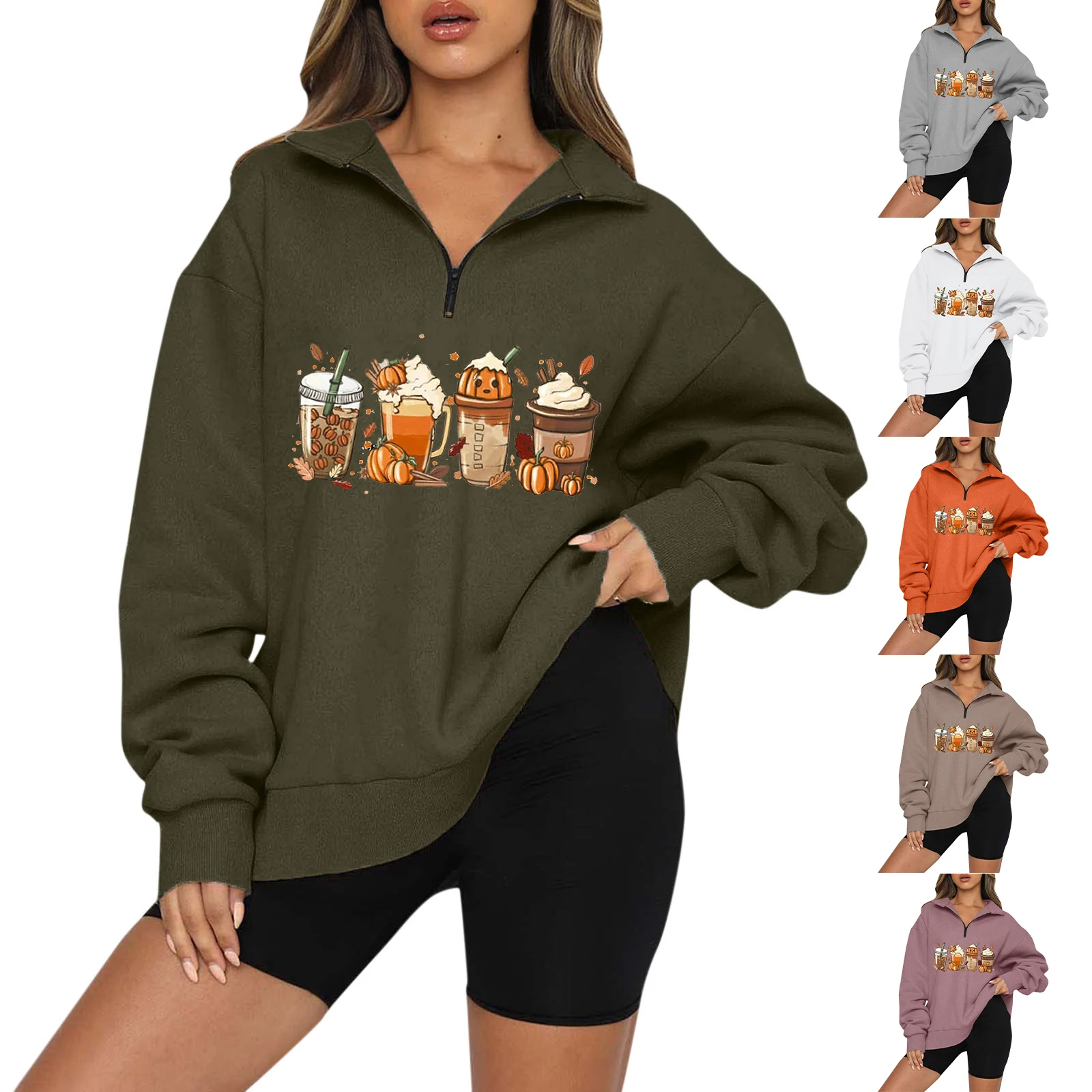 

Women's Beer Pumpkin Coffee Four Printed Zipper Daily Fashion Spring Autumn And All Tops Summer Shirts for Women