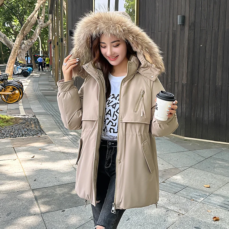 

Женское свободное теплое пальто H, однотонное теплое пальто на молнии с воротником-капюшоном из искусственного меха на завязках, Осень-зима 2023