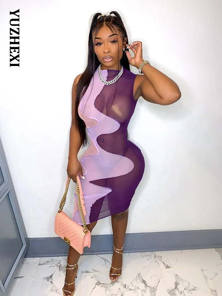 

Модное цветное Сетчатое прозрачное облегающее платье YUZHEXI, женское летнее облегающее платье без рукавов с круглым вырезом, вечерние платья-...