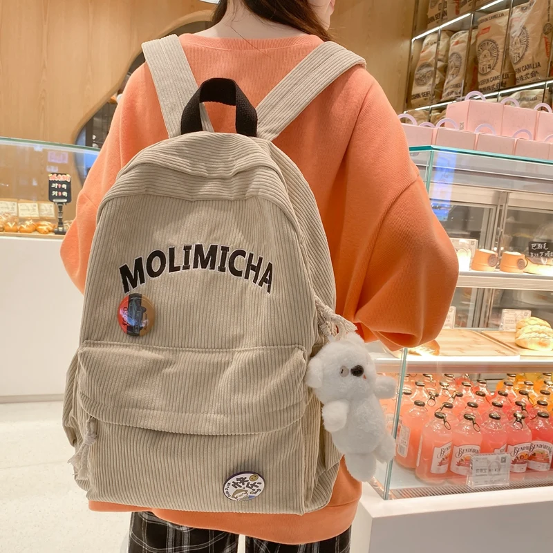 

2023 Cute Striped Corduroy Backpack Women Simple School Book Bags Small Designer Rucksack for Teenager Girls Leisure Travel Sac