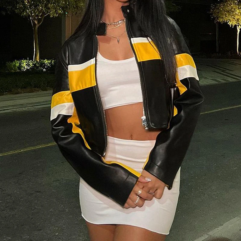 

Женская кожаная куртка на молнии, Повседневная Готическая куртка из искусственной кожи контрастных цветов с длинным рукавом и воротником-с...