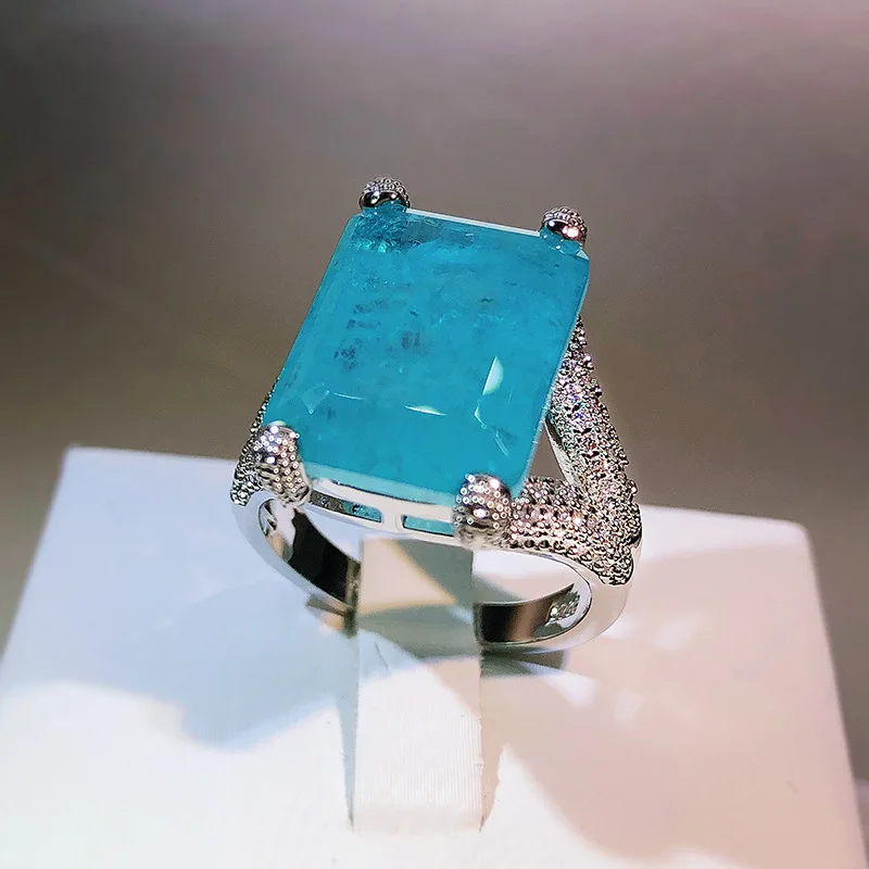 

Luxury Women Paraiba Tourmaline Stone Ring Crystal 925 Silver Color Large Wedding Rings Promise Zircon Engagement Ring