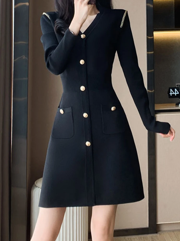 

High Quality V-Neck Knitted Skirt Long Sleeved Slim Fitting Dress 2023 New Korean Fashion Women'S Clothing