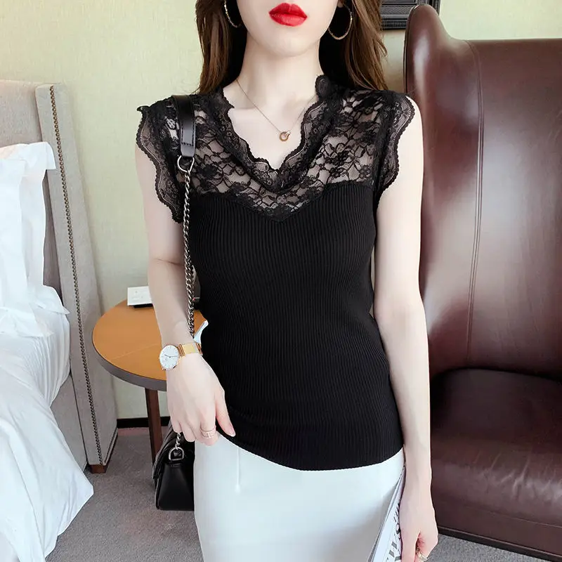 

2022 New Trend Lace Stitching Vest Women's T-shirt Off Shoulder Sexy Sling Ice Silk Sleeveless Top Summer Woman Tshirts