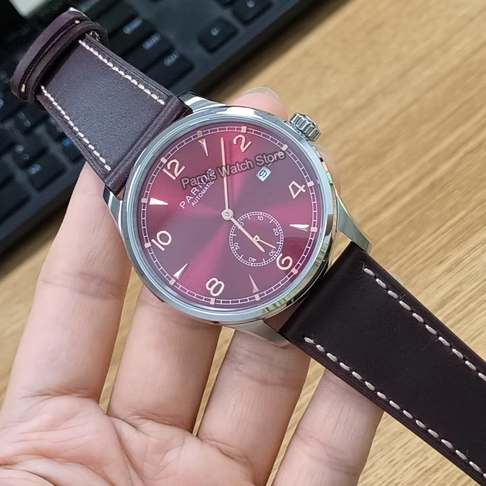 Мужские часы Parnis 41 5 мм с автоматическим механизмом красным циферблатом