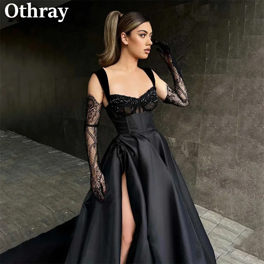 Фото Othray Черные атласные вечерние платья Кружева с бисером Сексуальные длинные платья для выпускного вечера с высоким разрезом Met Gala Party Robe Vestido De Noche №3