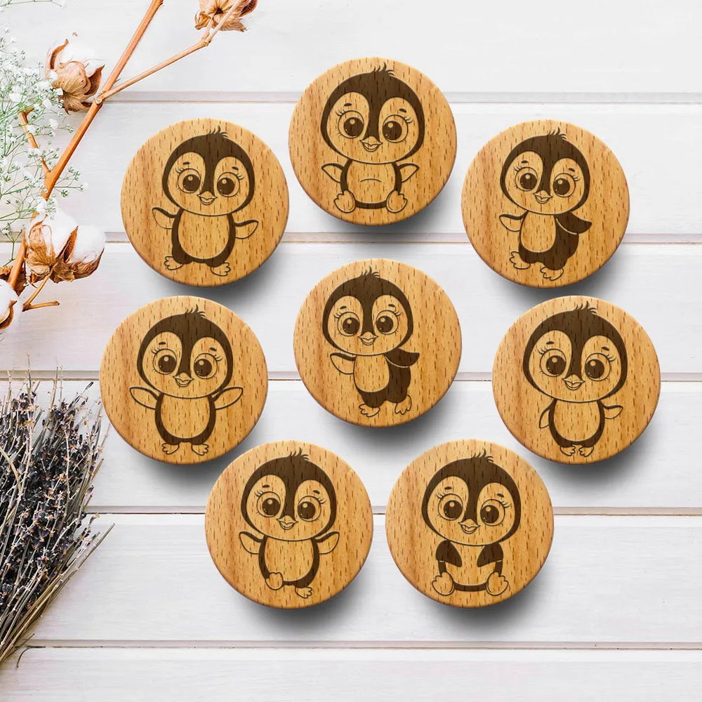 

New Engraved Penguins Wooden Drawer Knob Boho Nursery Cabinet Pulls Nature Wood Clothes Wall Hangings Hooks Furniture Handles
