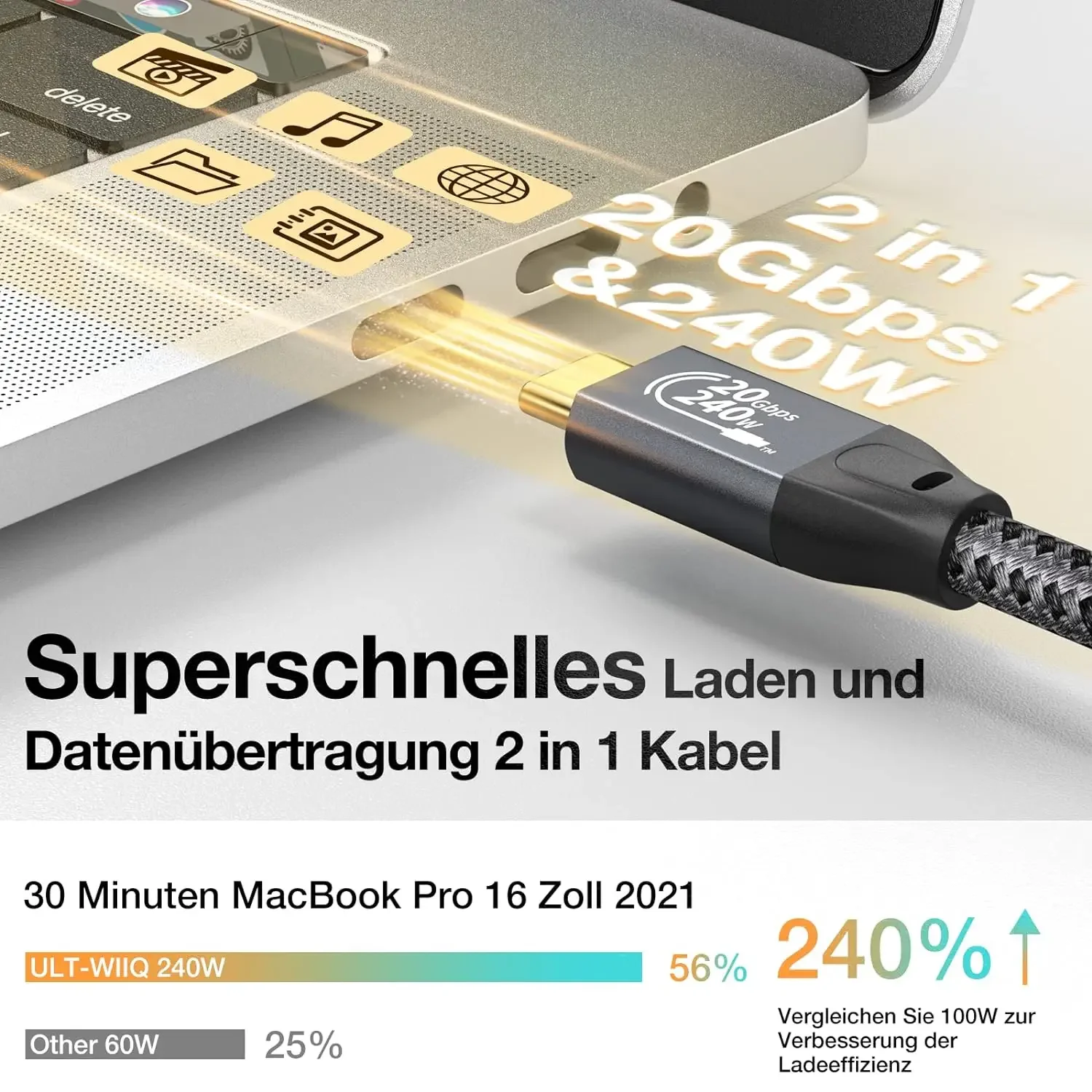 Фото Кабель USB 240 Gen2 Thunderbolt, 20 Гбит/с, 3,2 Вт, 5 А, 240 Вт №2
