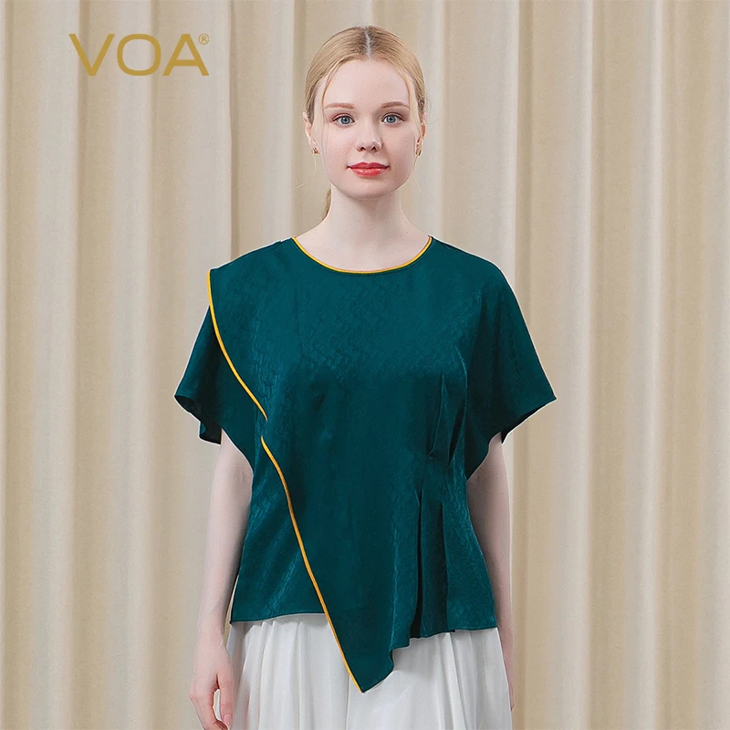 

VOA Silk Jacquard Round Neck Short Sleeve Tops Open Thread Edging Three-dimensional Loose-leaf Asymmetric T-shirt Women BE589