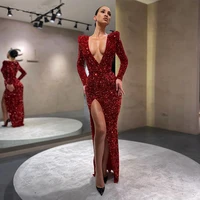 mermaid evening dress sparkly sequins deep v neck sexy womens evening gown long sleeves thigh slit glitter party dresses 2022
