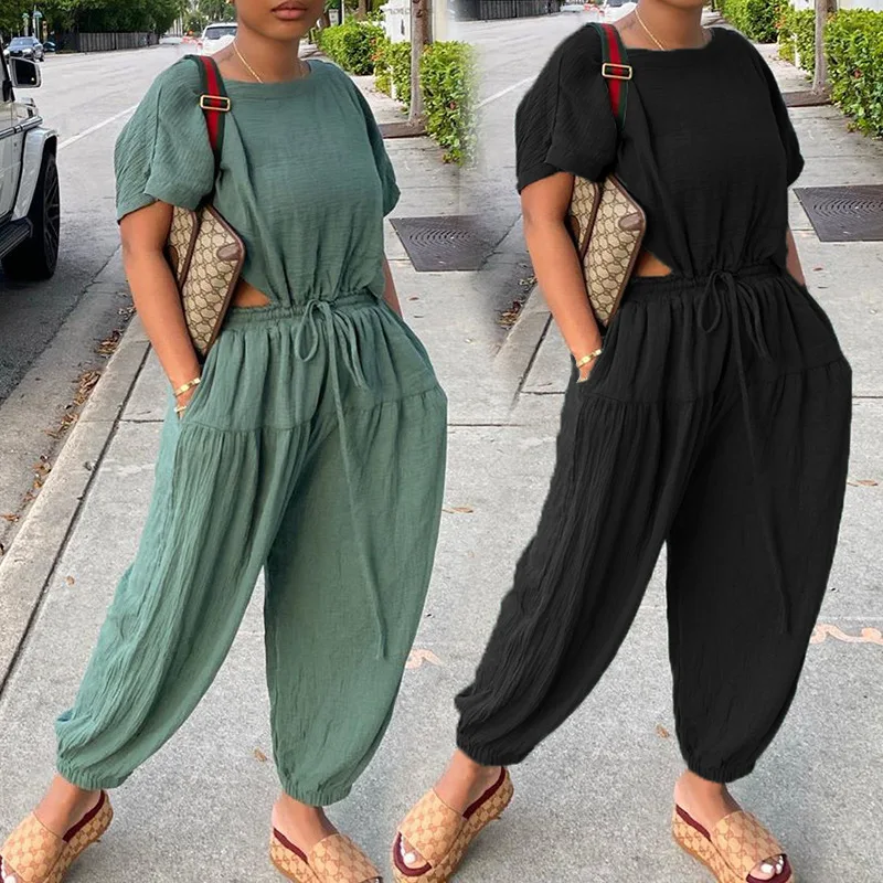 

2022 Women Solid Short Sleeve O Neck Jumpsuits Chic Summer Drawstring Loose Overalls Elegant Office Ladies Workwear Jumpsuit