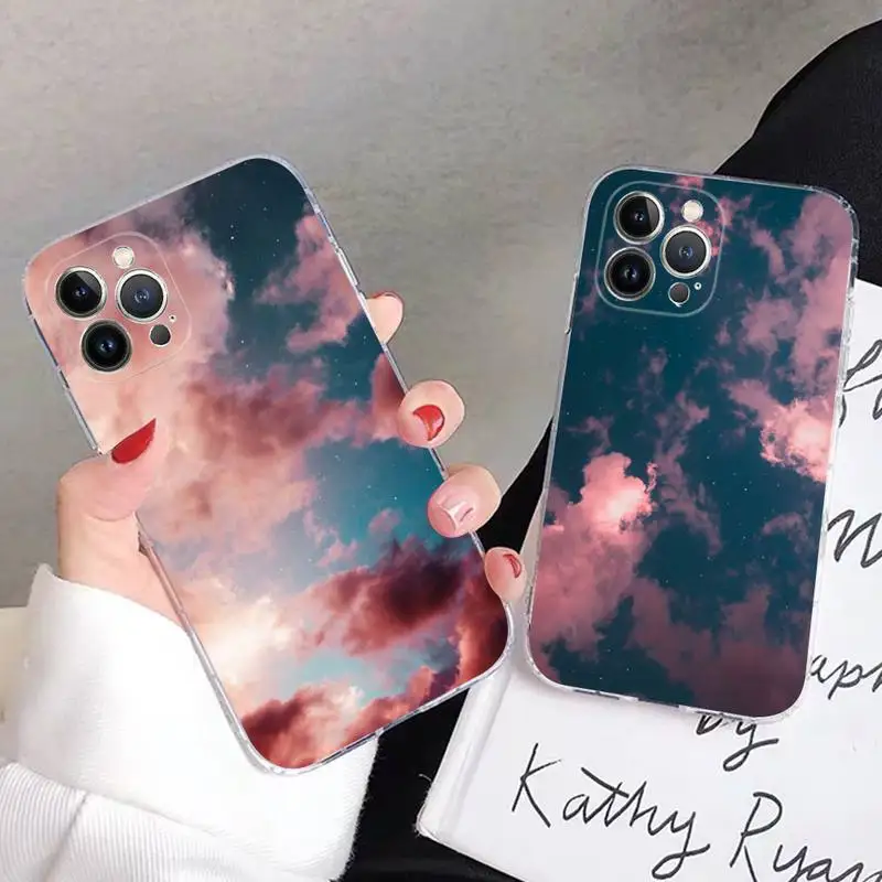 

pink clouds Phone Case For iPhone 13 14 Pro Max XS XR 12 11 Pro 13 Mini 6 7 8 Plus Clear Back Cover Capa