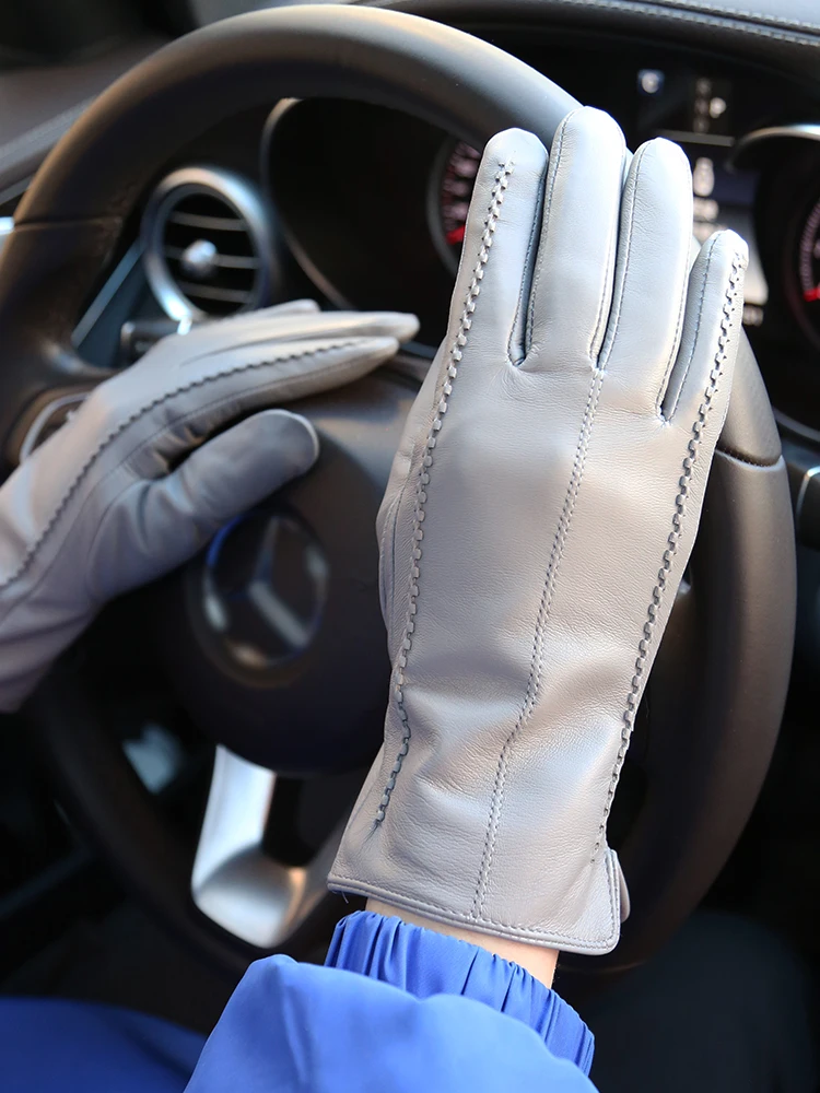 Женские перчатки из овечьей кожи зимние теплые бархатные тонкие для сенсорных