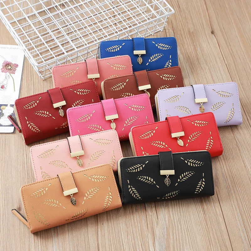 

2021 Brand Leaves Hollow Women Wallet Soft PU Leather Women's Clutch Wallet Female Designer Wallets Coin Card Purse