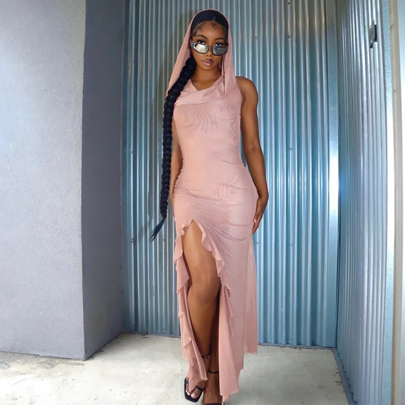 

Cheap Wholesale Women Clothes Vintage Dress Female Clothing Sexy Pure Color Sets Sleeveless Hooded Split Irregular Tide Solid