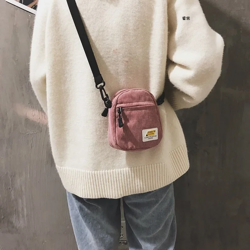 

Women Little Canvas Shoulder Bag Small Corduroy Cloth Messenger Bag For Key Phone Pink Crossbody Bags Cute Zipper Purse For Girl