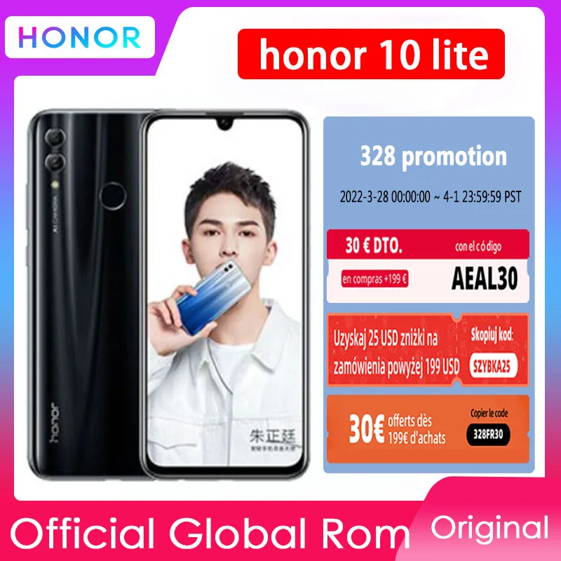 Официальный Смартфон Honor 10 Lite с глобальной прошивкой, на базе Android 9,0, с камерой с искусственным интеллектом 24 МП, сканером отпечатка пальца, восьмиядерным процессором 710