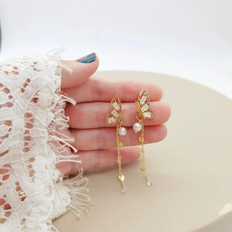 

925 Silver Needle Super Fairy Korean Net Red Design Sense Zircon Butterfly Earrings Long Temperament Pearl Tassel Earrings