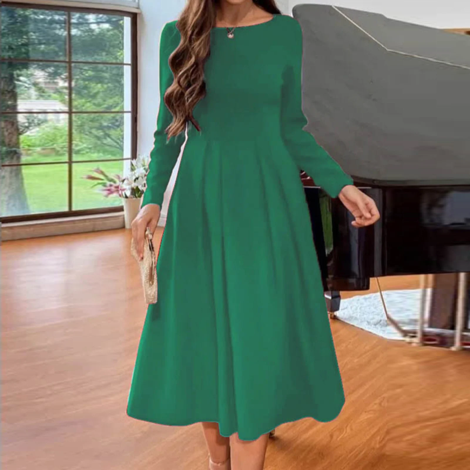 

Женское повседневное однотонное платье с круглым вырезом и длинным рукавом