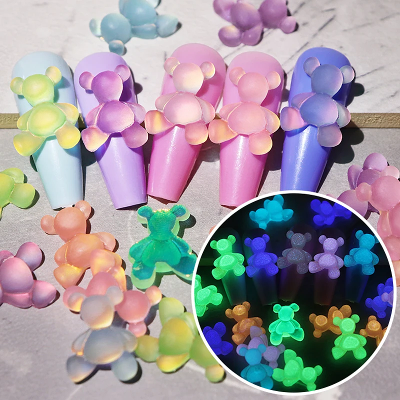 

Luminous Cute Bear Nail Art Accessories Kawaii Bear Resin Charms Glow In The Dark Nail Jewelry Rhinestones 3D Luxury Parts Ongle