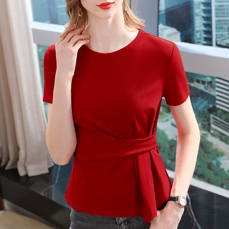 

Short sleeved T-shirt Women's Summer 2023 New Round Neck Cotton with Waist Closure Design, Umbrella Swing Covering Belly Top