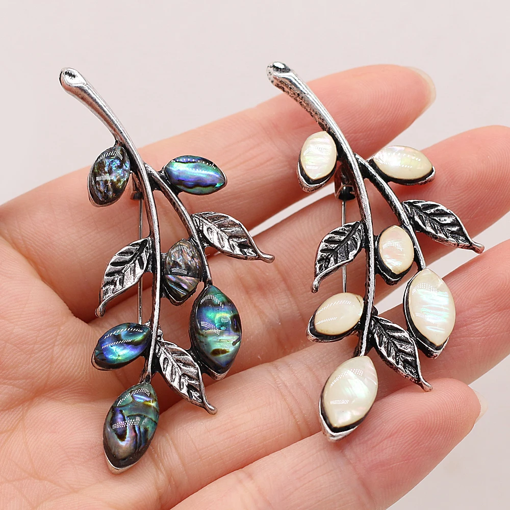 Брошь из металлического сплава в виде листьев, Ювелирное Украшение «сделай сам» из натуральной белой ракушки, Абалон, ожерелье, аксессуары для одежды, подарок, 22 х55 мм
