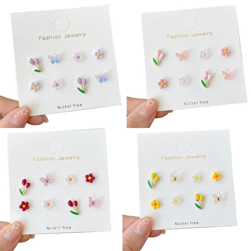 

8 Pcs Fashion Cute Colorful Acrylic Mini Butterfly Flower Ear Studs Earring for Teen Girls Women Female Jewelry