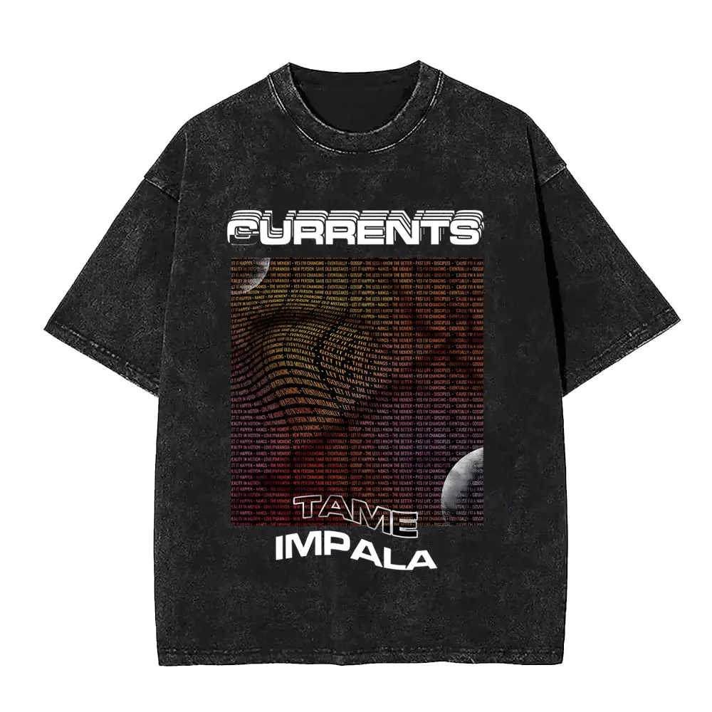 Фото VintageWashed Pop Rock Band Tame Impala Currents футболки с графическим принтом для мужчин и женщин повседневная хлопковая футболка большого размера с коротким рукавом №5
