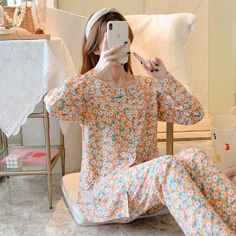 

Women's Long Sleeve Shirt Pants Homewear Sweet Small Lapel Neck Viscose Cotton Pajamas Simple Loose Casual Suit