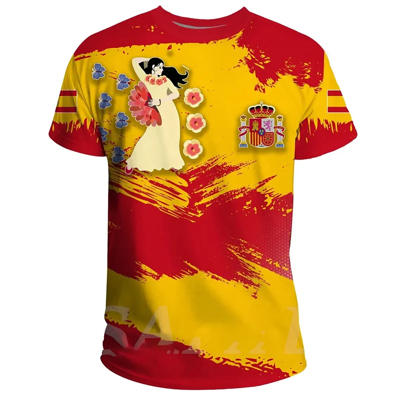 Купи SPAIN Men's T-shirt Spanish Flag National Emblem Printing Summer Fashion Round Neck Short-sleeved T-shirt Loose Men's Clothing за 150 рублей в магазине AliExpress