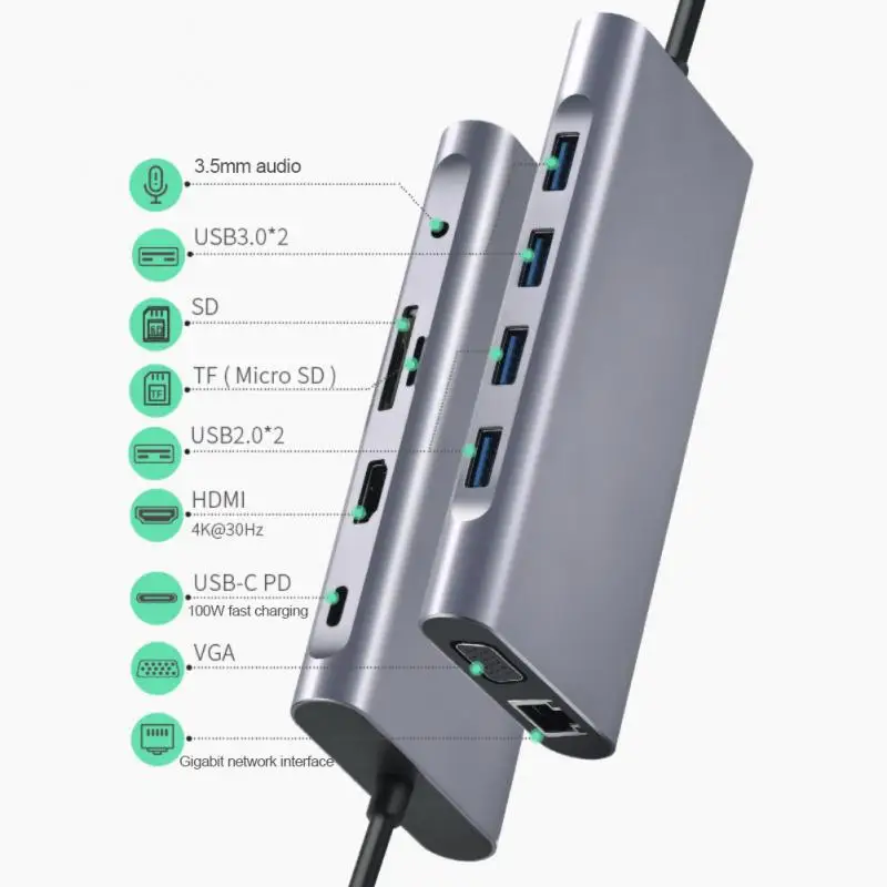 

11 In 1 Type-c Hub Fast Shipping Docking Station USB-c To HDMI-compatible 100M Network Card VGA PD USB3.0 Hub 100W PD