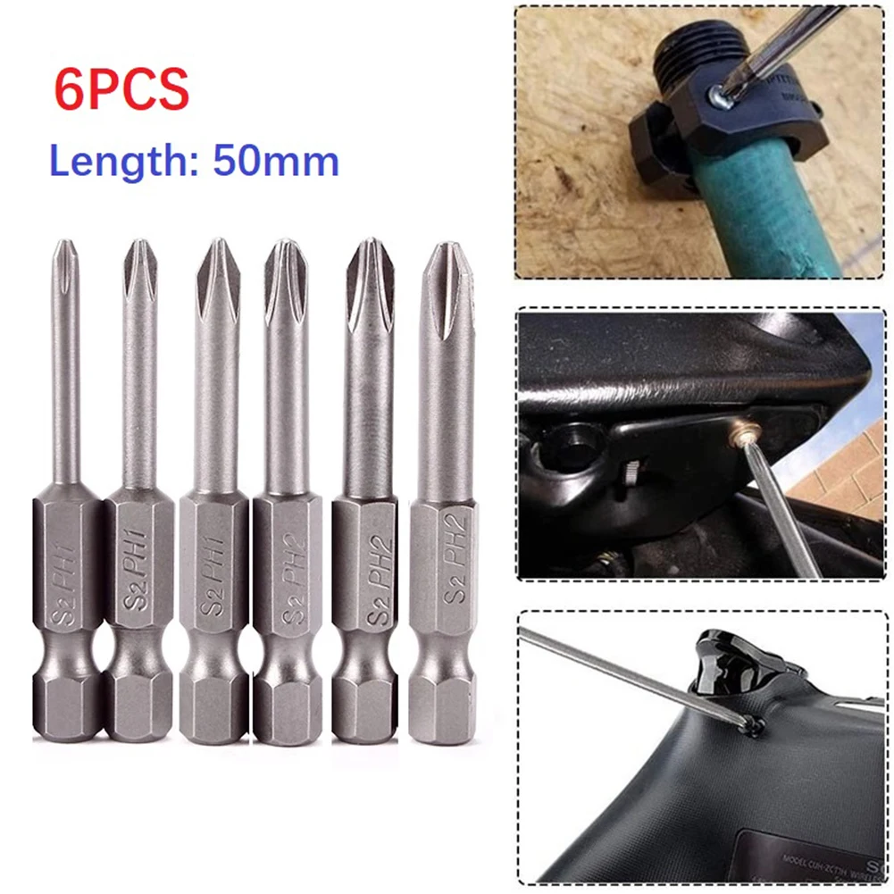 

6pcs Cross Screwdriver Bit 1/4" Hex Shank PH1 PH2 50mm Alloy Steel Magnetic Batch Head Screw Driver Drill Bit Hand Tools