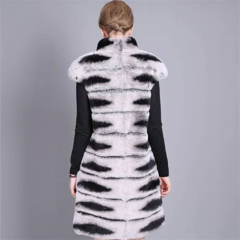90CM Women Real Rex Rabbit Fur Vest Stand Collar Natural Chinchilla Color Rabbit Fur Waistcoat Sleeveless Jacket