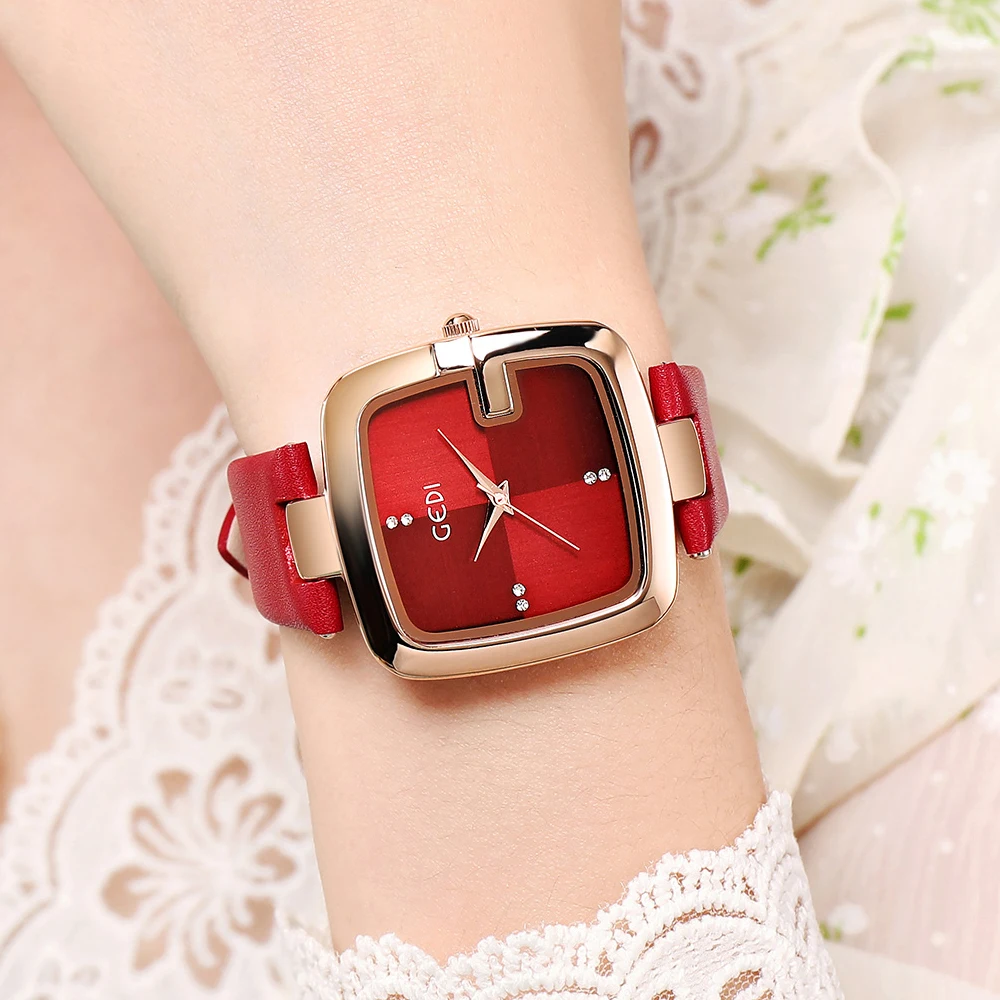 GEDI Minimalist Green Leather Women Sqaure Watches Simple Fashion Big Dial Elegant Ladies Quartz Wrist Watch Casual Female Clock