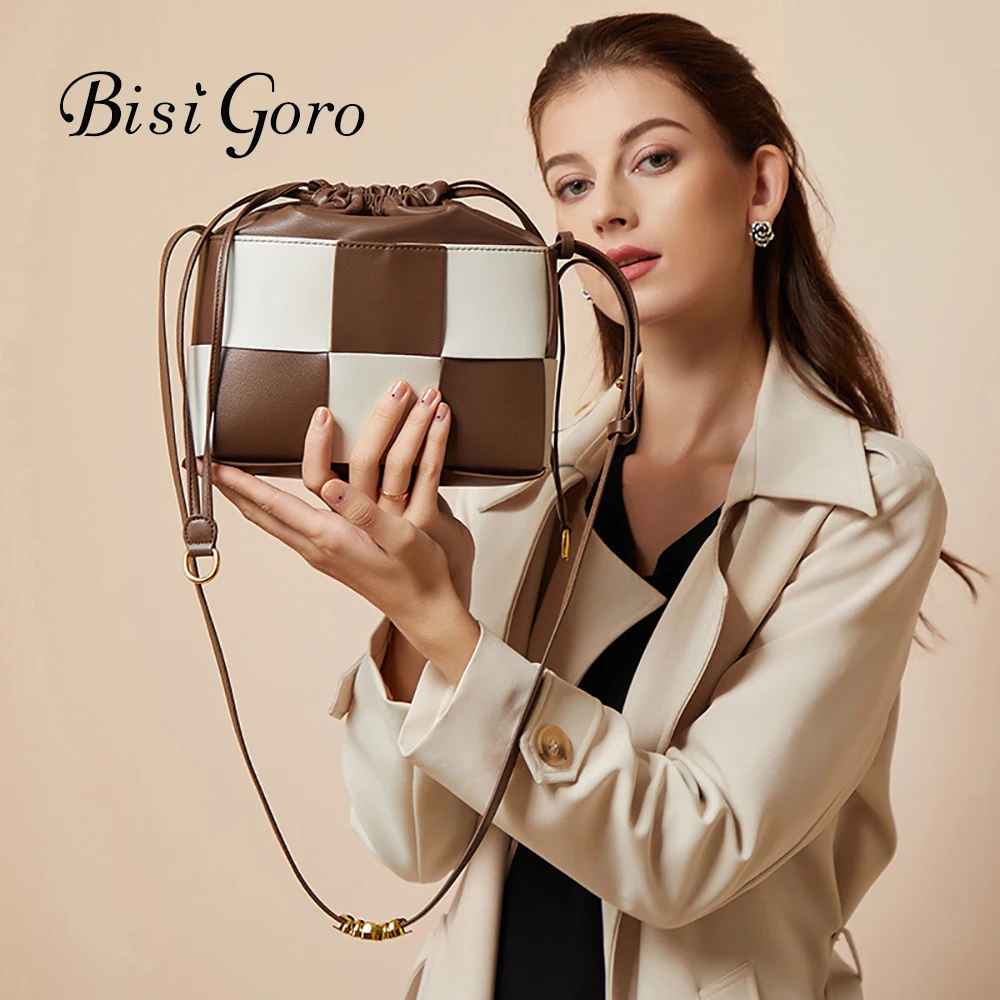 2022 New Women Bags Female Luxury Shoulder Bags Lady Plaid Colors Cowhide Genuine Leather Niche Design Tote Bucket Handbag