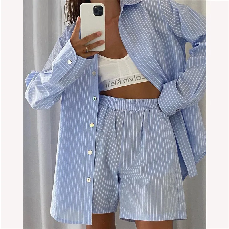 

Women Solid Striped Loose Suit Summer Long Sleeve Single-Breasted Turn-down Collar Shirt High Waist Elastic Straight Shorts Suit
