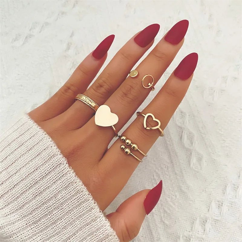 

Punk Love Heart Ring Set Personality Temperament Silver Color Geometric Rings for Women Fashion Goth Jewelry