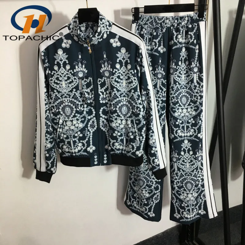 

8.16 High End Diamonds Print Stand Collar Zipper Jacket Coat + Elastic Waist Straight Pants Casual Tracksuit Set Women