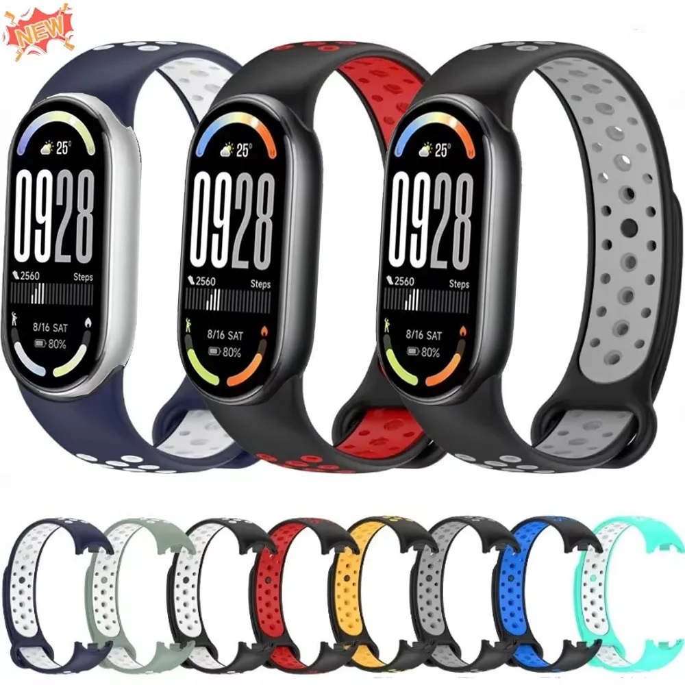 Фото Двухцветный силиконовый ремешок для Xiaomi Mi Band 10/9/8, умные часы, браслет для Mi Band 10/9, спортивный сменный браслет, аксессуары №2