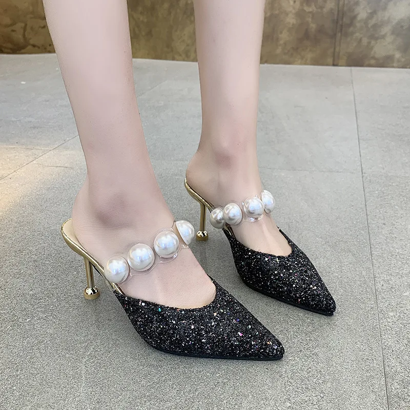 

Fashion Pionted-toe Womans Sandals 2022 Blingbling Summer Slippers For Womans Party Shoes Thin Heels Female Pumps OL High Heels