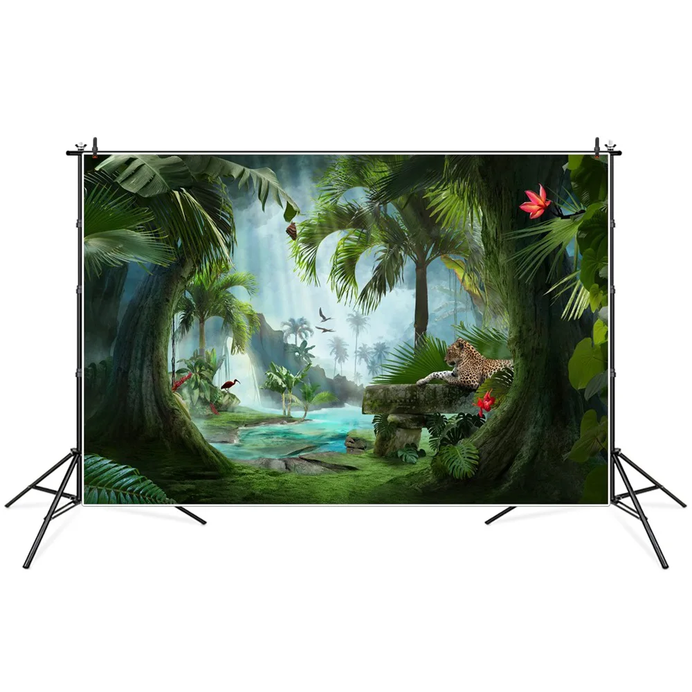 

Fairytale Jungle Tropical Waterfall Lake Leopard Photography Backdrops Custom Baby Party Home Decoration Photo Booth Backgrounds