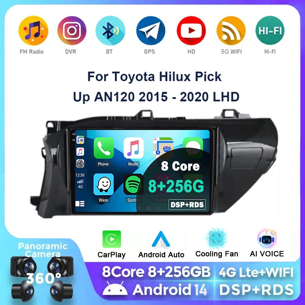 Автомагнитола на Android 14 мультимедийный плеер для Toyota Hilux Pick Up AN120 2015 - 2023 LHD стерео