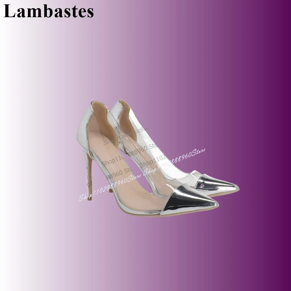 Женские туфли-лодочки на высоком каблуке серебристые металлик ПВХ