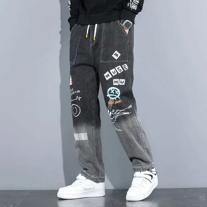 Men's Jeans Summer Loose Letter Printed Jeans Streetwear Hip Hop Jeans Men's Lace-up Mid-Waist Denim Straight-Leg Pants Trousers