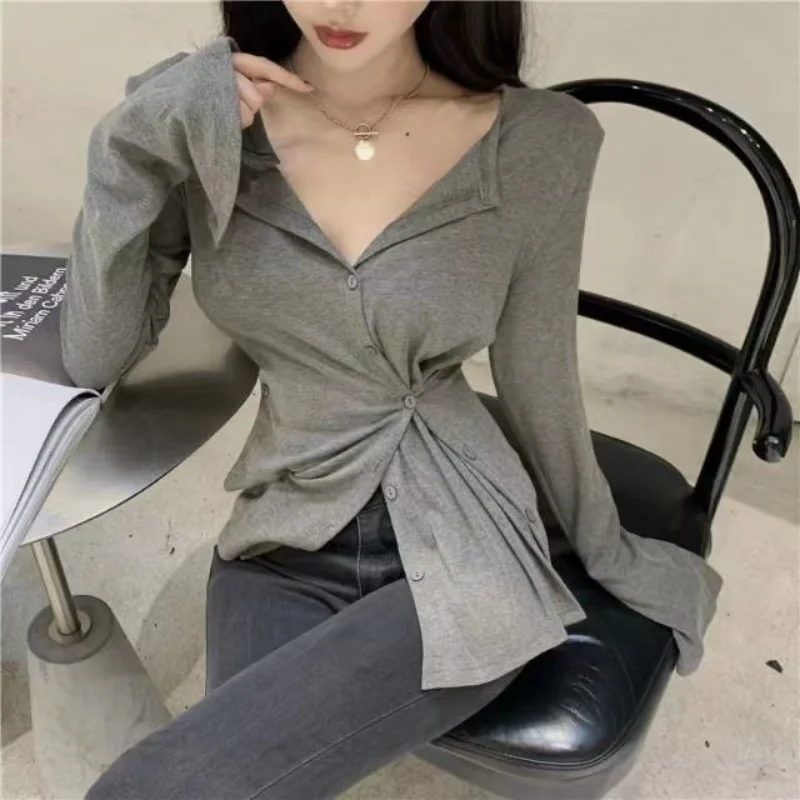 

Deeptown Coquette Irregular Solid Folds T-shirts Women Korean Style Buttons Long Sleeve Tees Y2k Aesthetic Sexy Corset Slim Tops