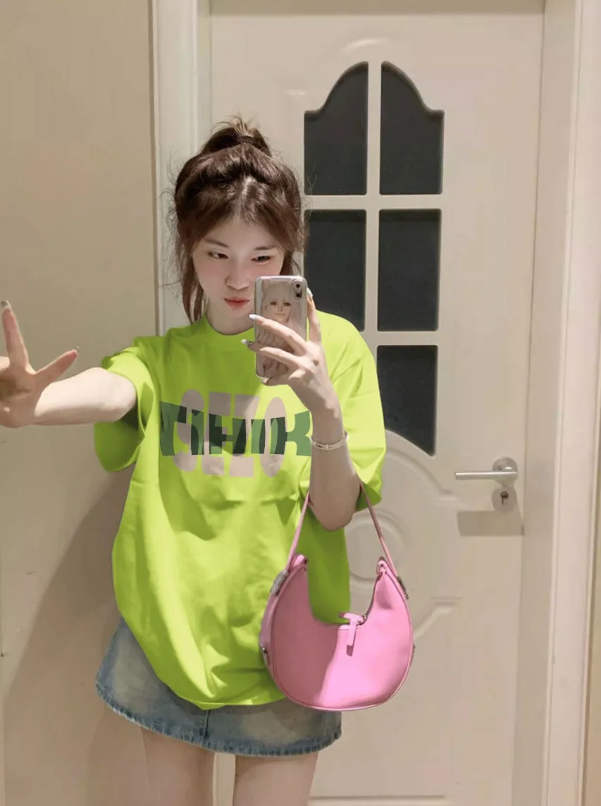 

Y2K Dopamine Colorful Wear Short Sleeve T-shirt Women's Summer Korean Oversize Fluorescent Green Shoulder Half Sleeve Top