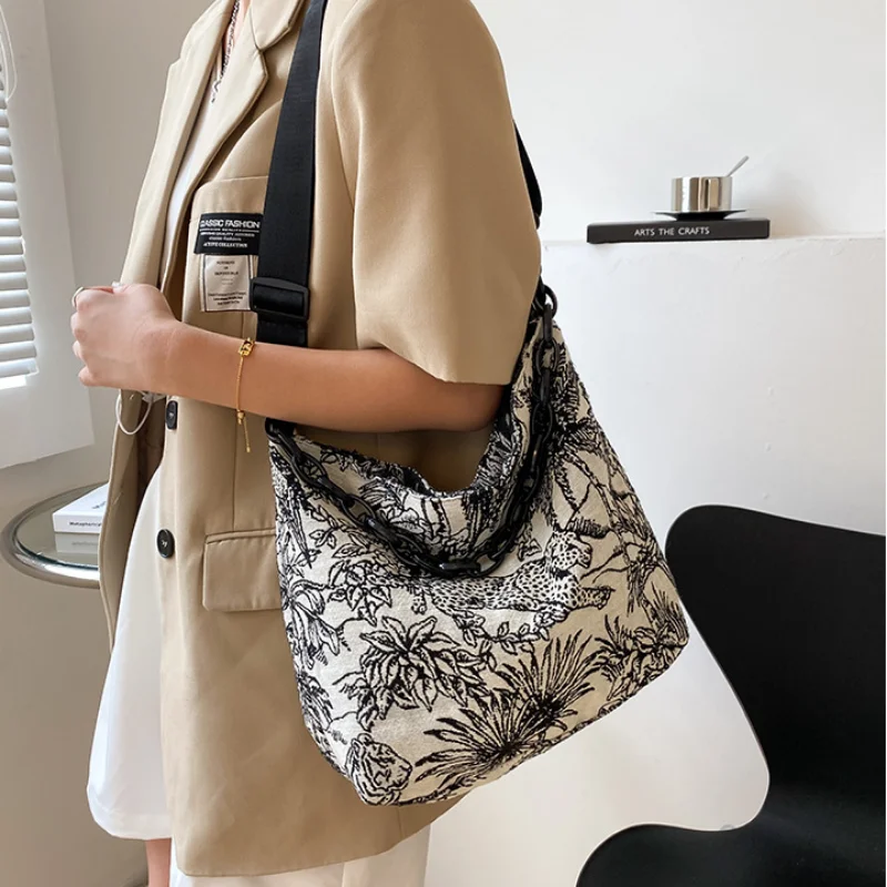

Большая Холщовая Сумка через плечо для женщин в стиле ретро, повседневные дизайнерские дамские сумочки на цепочке с цветочной вышивкой